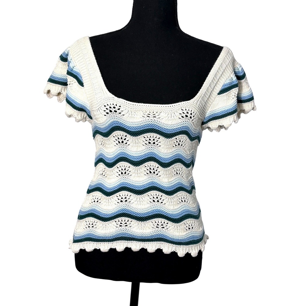 Women Pointelle Knit Flutter Sleeve Top Size Small Coastal Cottage Boho Romantic